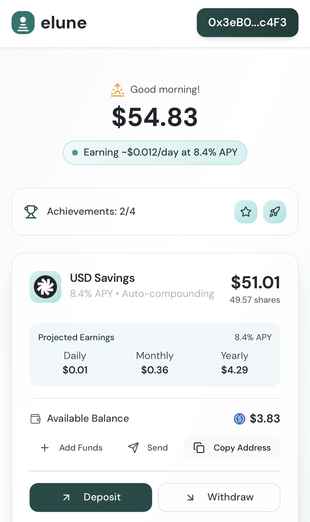 elune app interface showing portfolio value and earnings